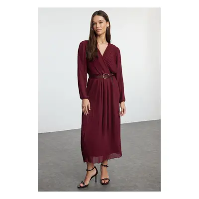 Trendyol Burgundy Belted A-Line Pleated Maxi Lined Chiffon Woven Dress