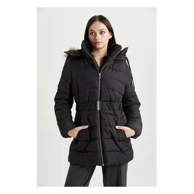 DEFACTO Water Repellent Puffer Puffer Jacket Windproof Hooded Faux Für Lined Quilted Belted Ligh