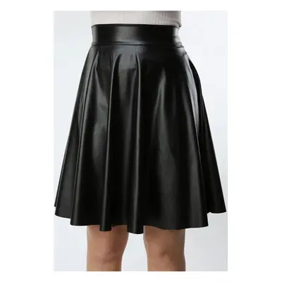 88854 Dewberry Flared Faux Leather Skirt-BLACK