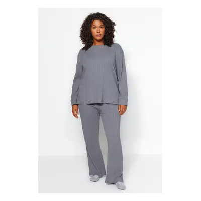 Trendyol Curve Anthracite Crew Neck Relaxed Fit Knitted Ribbed Camisole Plus Size Top-Bottom Set