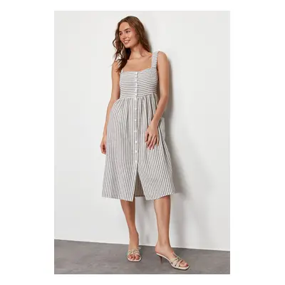 Trendyol Ecru Buttoned Striped Linen Look Midi Woven Dress