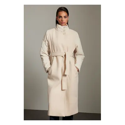 Trendyol Ecru Sleeve Garni Detailed Stand Collar Oversize Wool Coat