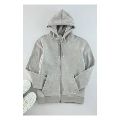 Trendyol Grey Melange Regular Fit Hooded Zippered Label Applique Thick Sweatshirt