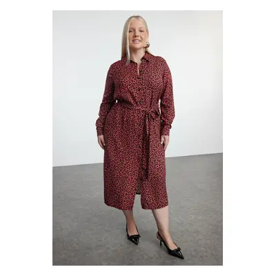 Trendyol Curve Tile Leopard/Animal Patterned Woven Buttoned Belted Midi Plus Size Shirt Dress