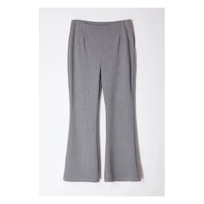 Trendyol Curve Grey High Waist Wide Leg Striped Knitted Trousers