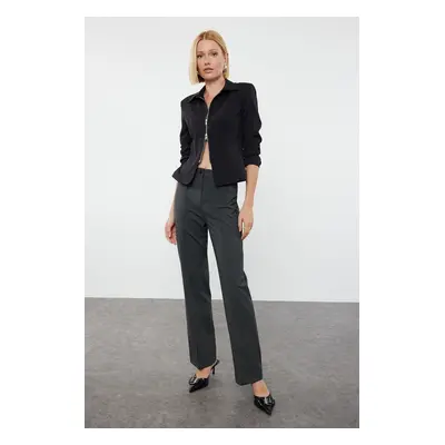 Trendyol Anthracite Ribbed Detailed Straight Cut Woven Fabric Trousers