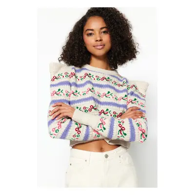 Trendyol Stone Self Patterned Crew Neck Pletený svetr