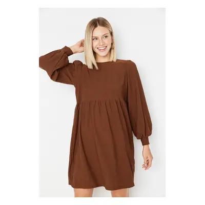 Trendyol Brown Flounce Skater/Waist Crap/Textured Mini Knitted Dress