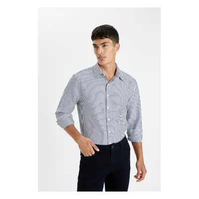 DEFACTO Modern Fit Polo Collar Striped Crinkle Fabric Seersucker Patterned Long Sleeve Shirt