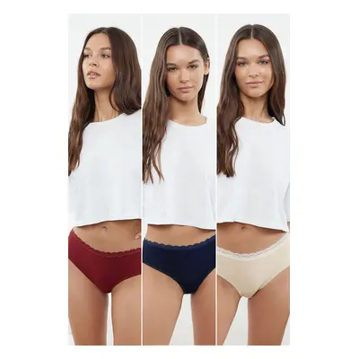 Trendyol Ten-Burgundy-Navy Blue 3-Pack Cotton Lace Detailed Comfortable Hipster Knitted Panties