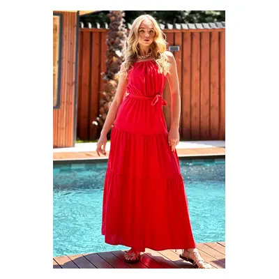 Trend Alaçatı Stili Women's Red Strap Layered Flounce Maxi Length Woven Viscose Dress