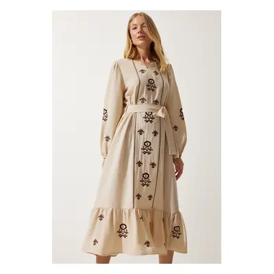 Happiness İstanbul Women's Beige Embroidered Linen Surface Long Woven Dress