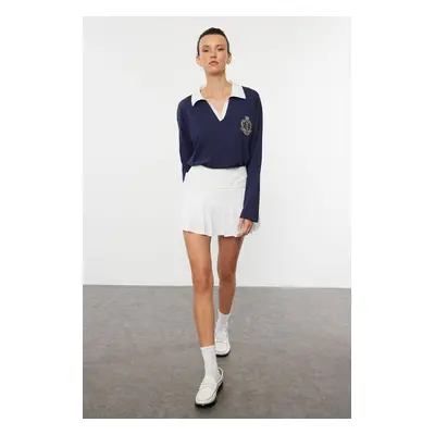 Trendyol Navy Blue Polo Neck Embroidery and Poplin Garni Detailed Oversize/Wide Pattern Knitted 