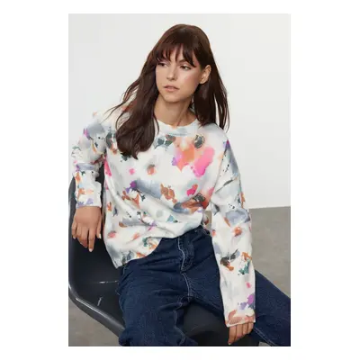 Trendyol Ecru Soft Texture Floral Printed Knitwear Sweater