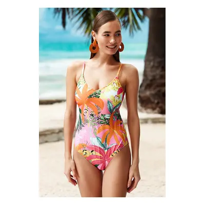 Trendyol Tropical Patterned V-Neck Low-Cut Back Regular Swimsuit