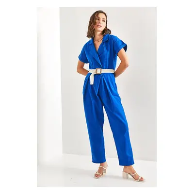 Bianco Lucci Women's Belted Thin Gabardine Jumpsuit