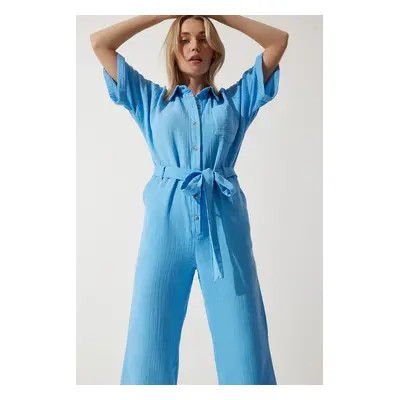 Happiness İstanbul Women's Blue Premium Belted Muslin Jumpsuit