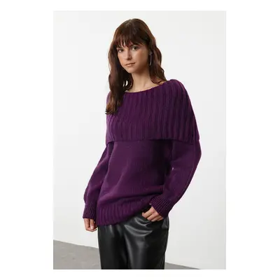 Trendyol Plum Wide Pattern Soft Texture Cowl Collar Knitwear Sweater