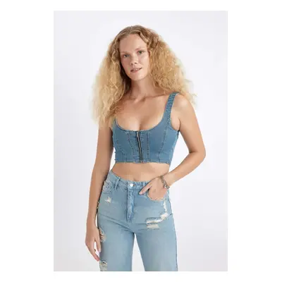 DEFACTO Thick Strap Zippered Crop Corset Jean Blouse