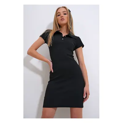 Trend Alaçatı Stili Women's Black Polo Collar Buttoned Ottoban Dress