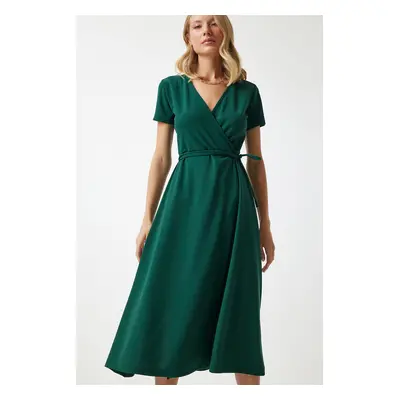 Happiness İstanbul Women's Emerald Green V-Neck Wrap Midi Knitted Dress