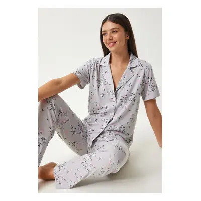 Happiness İstanbul Women's Gray Patterned Shirt and Pants Pajama Set