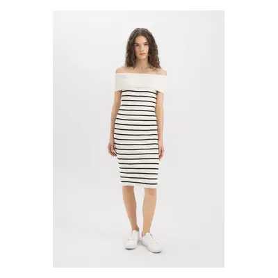 DEFACTO Fitted Striped Off Shoulder Knit Midi Dress