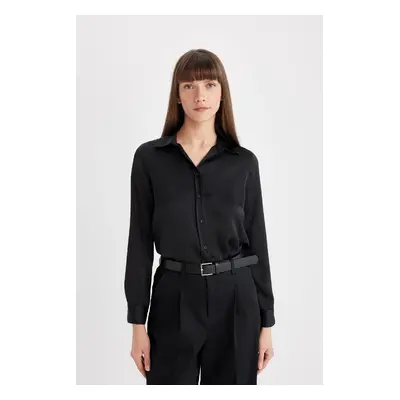 DEFACTO Regular Fit Basic Plain Button Poplin Long Sleeve Black Shirt