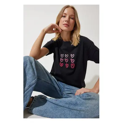 Happiness İstanbul Women's Black Heart Embroidered Cotton T-Shirt