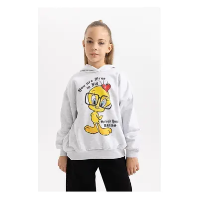 DEFACTO Girl Looney Tunes Oversize Wide Pattern Hooded Soft Fluffy Thick Sweatshirt