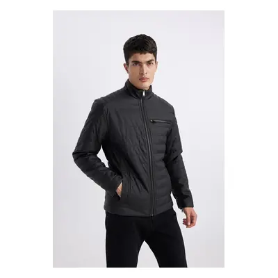 DEFACTO Water Repellent Slim Fit Faux Leather Jacket Slim Cut Stand Collar Zippered Pocket