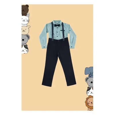 Trendyol Mint 4-Piece Boy Bow Tie Polka Dot Shirt Trousers Suspender Set