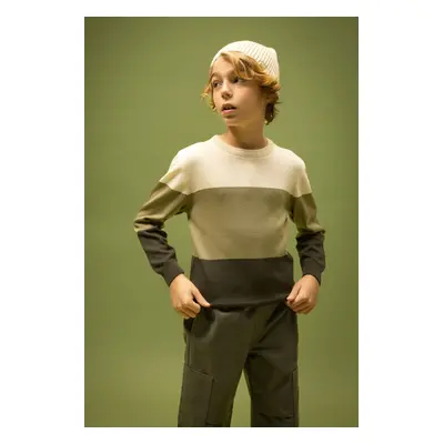 DEFACTO Boy's Crew Neck Color Block Knitwear Sweater