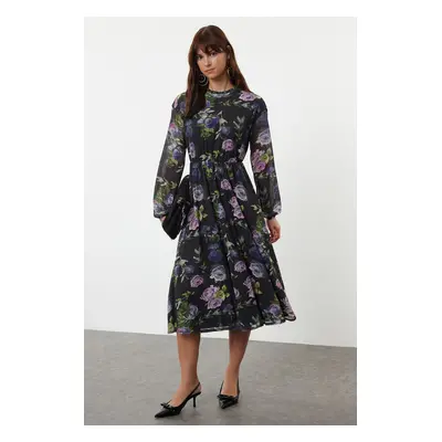 Trendyol Multicolored Floral Printed Foam Skater/Waist Opening Flexible High Neck Knitted Dress