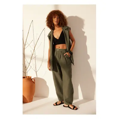 Trendyol Green 100% Linen High Waist Barrel Trousers