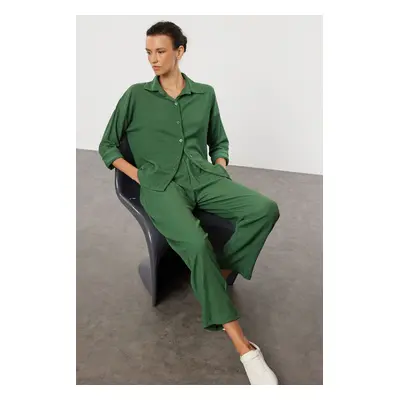 Trendyol Emerald Green Textured/Red Buttoned Relaxed/Comfortable Fit Knitted Bottom-Top Set