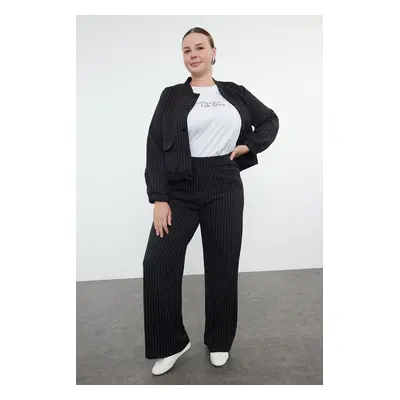 Trendyol Curve Black Striped Elastic Waist Plus Size Woven Trousers