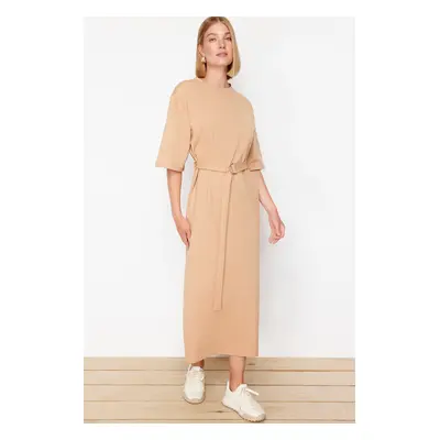 Trendyol Beige Half Sleeve Belted Knitted Dress