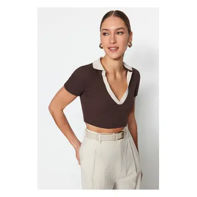 Trendyol Brown Fitted Polo Neck Crop Ribbed Stretch Knitted Blouse