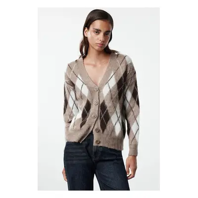 Trendyol Mink Soft Texture Plaid Patterned Knitwear Cardigan