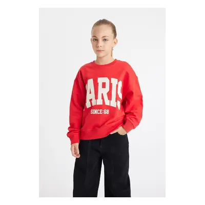 DEFACTO Girl's Red Relax Fit Crew Neck Printed School Sweatshirt