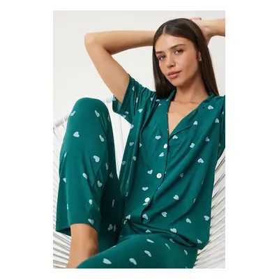 Happiness İstanbul Women's Dark Green Heart-shaped Shirt Trousers Pajama Set