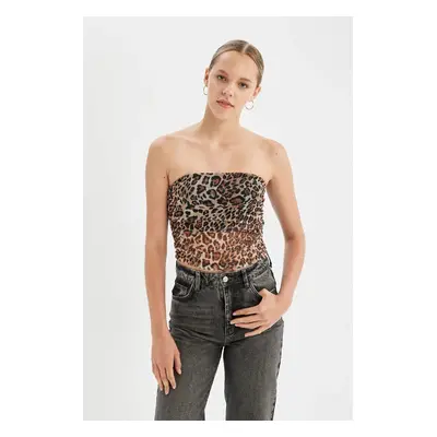 DEFACTO Leopard Print Strapless Tulle Blouse