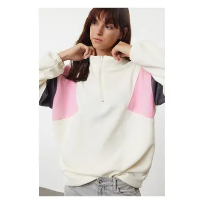 Trendyol Multicolored Color Blocked Zippered Oversize/Wide Fit Fleece Knitted Sweatshirt