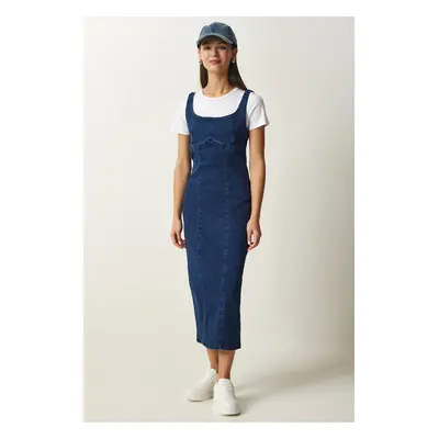 Happiness İstanbul Women's Blue Zippered Strappy Midi Denim Dress