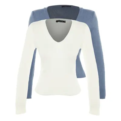 Trendyol Indigo-Ecru Basic 2-Pack Knitwear Sweater