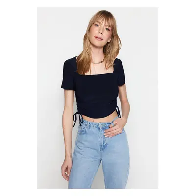 Trendyol Navy Blue Square Neck Gather Detailed Fitted Crop Stretchy Knitted Blouse