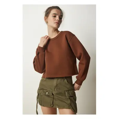 Happiness İstanbul Women's Brown Crew Neck Raised Crop Knitted Sweatshirt