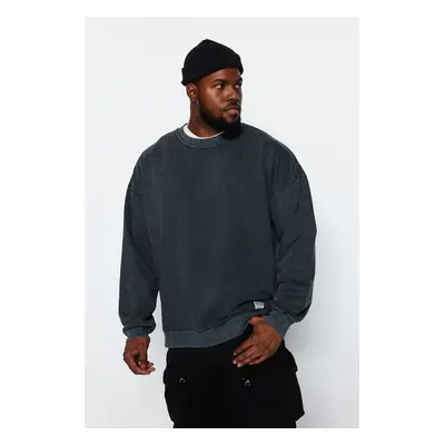 Trendyol Anthracite Plus Size Oversize/Wide Cut Distressed/Faded Effect 100% Cotton Sweatshirt