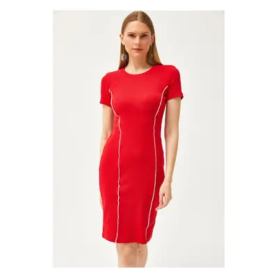 Olalook Women's Red Stripe Detailed Lycra Mini Cotton Dress